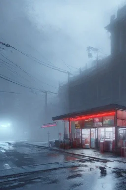 nostalgic blue convenience store snow storm heavy fog, 8k resolution, high-quality, fine-detail, digital art, detailed matte, volumetric lighting, dynamic lighting, photorealistic