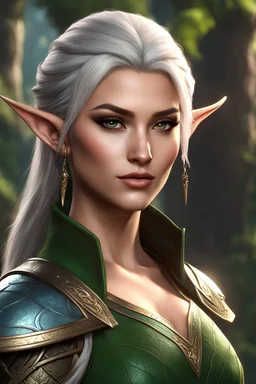 dnd character art of elf ranger, female with mature body but delicate youthful facial features, small ears, high resolution cgi, 4k, unreal engine 6, high detail, cinematic, concept art, thematic background, well framed