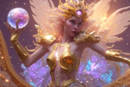 very beautiful cosmic crystal and gold goddess in a galactic ambiance, transparent petals, delicate colors, full of details, smooth, bright sunshine，soft light atmosphere, light effect，vaporwave colorful, concept art, smooth, extremely sharp detail, finely tuned detail, ultra high definition, 8 k, unreal engine 5, ultra sharp focus