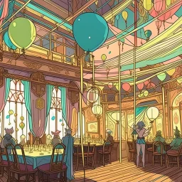 drawing of the interior of a birthday saloon with garlands, pennants, balloons, confetti, party spirit, music and colored lights, in the style of alphonse mucha