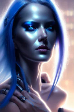 hiper realista, hiper detalhado, retrato de corpo inteiro, no estilo cyberpunk, de uma mulher incrivelmente bonita com implantes biônicos, cabelos azuis compridos, olhos brilhantes, arte de greg rutkowski, artgerm, wlop, rossdraws, boris vallejo