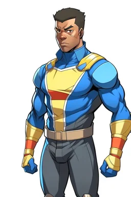 Anime man side character looks like Alfonso Davis , small muscles , wearing a superhero suit , aged 25