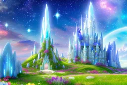 fairy and cosmic landscape with blue grass, magic plants, sky with light and stars. fairy white little castle with diamond. a big with bright spaceship with light