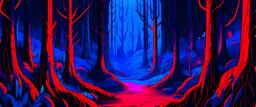 Dark hell forest in neon style red, blue and green colours in the far distance