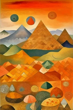 A brown mountain with amber stones painted by Paul Klee