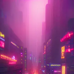 "Create an image of a bustling cityscape at night, featuring towering skyscrapers illuminated by vibrant neon lights. Capture the energy and excitement of the urban nightlife."clouds."overhead."and pink."