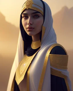 Arab young woman ,Arabic features، cute, beautiful, long hair, wavy hair, black eyes,A tuft of hair on the face,Arab cloak، head and shoulders portrait, cinematic, 8k, resolution concept art portrait by Greg Rutkowski, Artgerm, WLOP, Alphonse Mucha dynamic lighting hyperdetailed intricately detailed