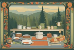 a gnomesa cookbook in his kitchen. art nouveau. (Stanley Mouse psychedelic, Art Nouveau-influenced concert posters) more kitchen elements around. gorgeous forest in the background. surrounded by an art deco mushroom border.