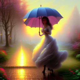 Painting of a Woman Walking in the Rain with an Umbrella, American Romance Painting, 4K Matte Thomas Kinkade, Thomas Kinkade, by Thomas Moran, inspired by Michael Komarck, ( ( Thomas Kinkade ), Thomas Kinkade, Thomas Kinkade, Thomas Kinkade Style, Thomas Kinkade Painting, Spring Eve, by Thomas Kinkade