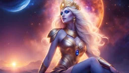 Full body portrait of a peaceful ((smiling)) gorgeous blonde Goddess of the galaxies with a blue indigo purple skin, high skul, luminous eyes in a galactic sunset