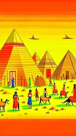 Ancient pyramids with homes around. African men and women buying and selling goods