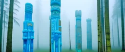 A sky blue colored woods covered in thick fog designed in pacific Northwest totem poles painted by Gustav Klimt