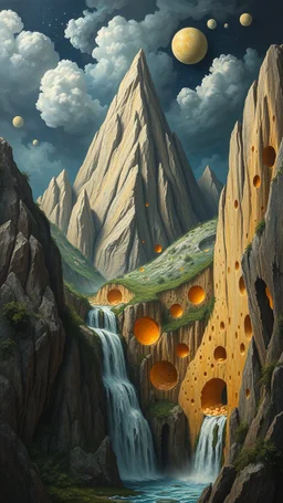 Bosch painting style nightmare, a mountain of cheese and waterfall with a waterfall cheese holes texture
