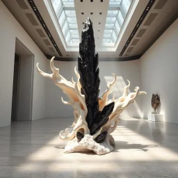 Ultra-detailed surreal biomorphic gallery sculpture of ivory organic forms contrasted with sharp obsidian crystal structures, displayed inside a high-end contemporary art museum with polished stone floors, massive white exhibition walls, skylight beams cutting through dust particles, dramatic spotlighting on the sculpture, cinematic depth, Octane render style, 8k