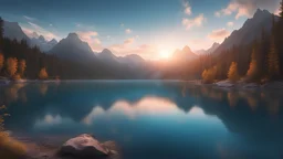 Crystal blue lake in the middle of mountains and a huge forest, sunset, 4K