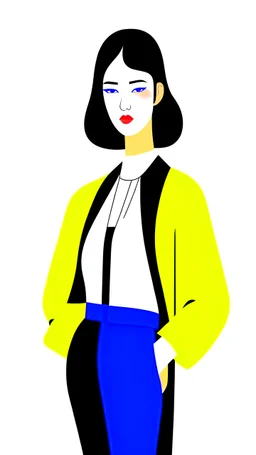 yellow, white and black color scheme, simple shape, abstract Memphis, one girl by flat illustration, portrait, white face, black hair, blue background, slender figure, exaggerated body proportions, fashion catwalk. look forward, facing the audience, --ar 9:16 --niji 5 --style expressive