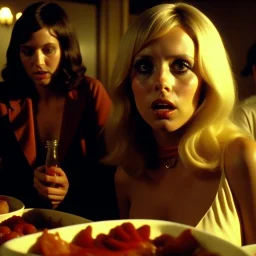 Horror movie shot, hot party, ultra realistic, dine, pastel, ultra chaos, realistic hot blonde women, pieces of meat, organs, hot dynamic, they come, light, 1970's Italian horror movie, sinister, Dario Argento, Stanley Kubrik, ornate, 4k, photorealism