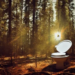 russian astronaut sits on a toilet seat in the middle of the forest. post-apocalyptic, hyperdetailed, lens flare, bokeh, low-key lighting, kodachrome