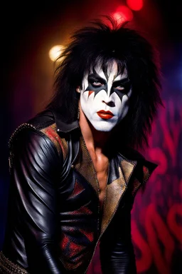 text 'KISS' - head and shoulders portrait, KISS 20-year-old Paul Stanley, Black star on right eye, Chest and stomach hair, black spandex and leather, 8-inch high platform boots, - a multicolored cement wall in the background,