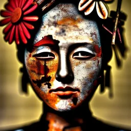 an abstract painting of rusted metal and flowers, Geisha portrait, rust, scaffolding, iron cladding, decay, mixed media, textured, anatomically correct, beautiful perfect face, sharp focus, highly detailed by Jean Auguste Dominique Ingres 8k