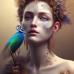 perfect woman portrait , perfect eyes, peacock feathers, face tattoo, curly hair, earrings, nature, plants, wildflower, facepaint, intricate, oil on canvas, masterpiece, expert, insanely detailed, cinematic smooth, intricate detail, soft smooth lighting, painted Renaissance style