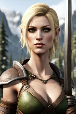 A female bosmer barbarian from Skyrim, blonde, short hair, brown eyes