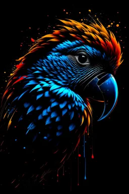 Parrot, Line Art, Black Background, Ultra Detailed Artistic, Detailed Gorgeous Face, Natural Skin, Water Splash, Colour Splash Art, Fire and Ice, Splatter, Black Ink, Liquid Melting, Dreamy, Glowing, Glamour, Glimmer, Shadows, Oil On Canvas, Brush Strokes, Smooth, Ultra High Definition, 8k, Unreal Engine 5, Ultra Sharp Focus, Intricate Artwork Masterpiece, Ominous, Golden Ratio, Highly Detailed, photo, poster, fashion, illustration