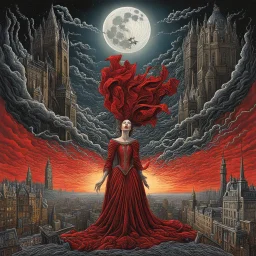 mother Blood over London, under her weeping sky vs under her cackling moon, open teeth wide, horror surrealism, by John Jude Palencar, by John Stephens, by Michael Cheval, maximalism, expansive hellscape, smooth, nightmarish, brilliant dark colors, crimson and black, infernal surreal sunset, ink illustration, Bolland's visceral style, dramatic