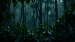 a dramatic scene in a dense forest with A FIR BRUNCH under the rain. The background should feature raindrops falling around the leaves.