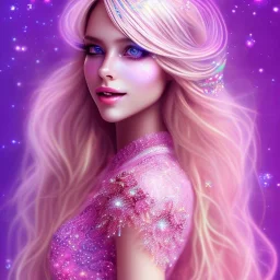 beautiful, soft, big smile face, whole head, long straight blonde hair blues eyes, crown on the head, clothing in transparent bluish and pink veil, background brillante bluish and pink, hight definition, 8K