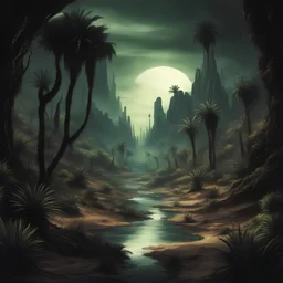 A dark art-styles fantasy picture of dark and evil-looking nature scenery of a lush oasis ending in a desert