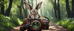 High-end state-of-the-art STEAMPUNK aesthetics flawless, cute Rabbit using a magnifying loupe, forest alley background, close-up shot, realistic,Highest quality telescopic Zeiss Zoom lens, supreme cinematic-quality photography, steel walnut wood green leather clothes, Art Nouveau-visuals,Vintage style Octane Render 3D technology,hyperrealism photography,(UHD) high-quality cinematic character render,Insanely detailed close-ups capturing beautiful complexity,Hyperdetailed,Intricate,