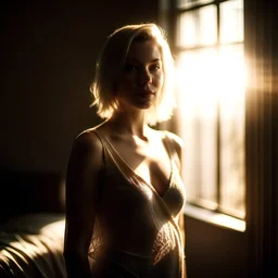 A (((lithe, slender, 30-year-old blonde woman))), dressed in a (((short, sheer, lace nightgown))), posed in a (((attractive style))) against a backdrop of a luxurious bedroom, bathed in (natural window light) during a (((sunrise photograph))), taken using a Canon 5D Mark IV with a 35mm lens, evoking a (((Miller Earl-esque, Vogue-style)) cinematographic aesthetic).