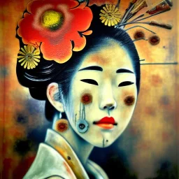 an abstract painting of rusted metal and flowers, Geisha portrait, rust, scaffolding, iron cladding, decay, mixed media, textured, anatomically correct, beautiful perfect face, sharp focus, highly detailed by Renoir 8k