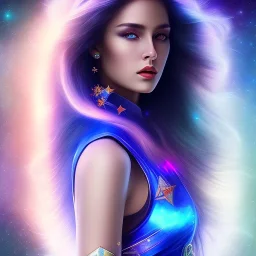 beautiful woman with long hair look the stars and northern aurora blue turquoise lights, blue, pink,