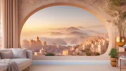 Gorgeous view of the ancient golden city in mist through a crack in the living room wall