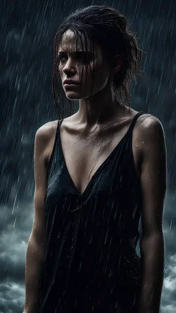 A stunning, solitary woman stands alone in the pouring rain, encapsulating a mixture of anger and sadness. Her disheveled hair clings wetly to her face, while her piercing eyes convey deep emotions. The raindrops glisten on her delicate yet determined expression, creating a poignant scene that evokes both power and vulnerability. This breathtaking image, reminiscent of a vividly melancholic painting, captivates the viewer with its exquisite detail and evocative atmosphere.