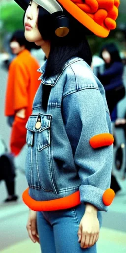 Korean, beautiful woman, black hair. thick thigh, thick calves. Style futurism, 1990's, rough street style.Mantle is sewed of recycled Denim and sewed together red felt pieces.Big headphones, with gold rings, is merged with small felt cap with small visor. A bag is integrated to the mantle. Patterns are composed of orange, cream, blue, lilac and purple. blue latex somewhere. It is with big bright purple felt tippet and cream-colored-hood. mantle is merged with tippet.