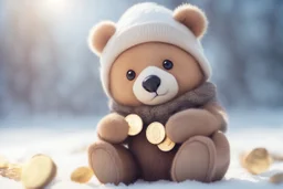 cute chibi bear sadly counting his money and golden coins in winter, snowy scene in sunshine, ethereal, cinematic postprocessing, bokeh, dof