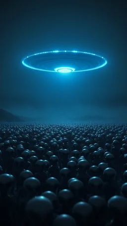 A field of thousands aliens at the end of the picture a blue dark ufo object , cinematic, 8k, in black and white