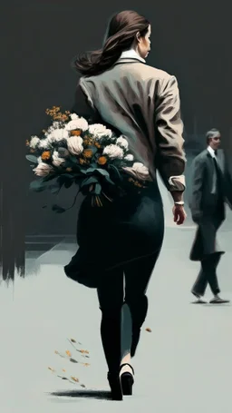 An image of a man holding a bouquet of flowers as he walks towards a woman. --auto --s2