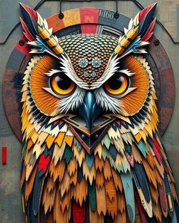 a 3d emboss cubist painting, digital visionary art, portrait of a mechanical owl, circular, maximalist magazine collage art, cinematic. art deco, 1920s gaudy color, abstract horror, centralized