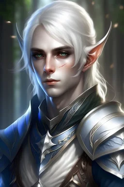male elf with white hair and blue eyes knight
