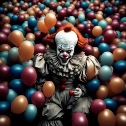 150mm Cinematic intricate photograph, Pennywise the clown from IT movie, big head, (an evil bloodthirsty grin on face), ((sharp teeth)), standing, partially surrounded by balloons, creepy light and atmosphere of horror and fear around, highest details, Nima Neemz Nakhshab movie poster