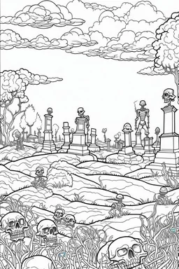 A graveyard with tombstones, skeletons rising from the ground, and eerie mist. Outline, sketch style, only use outline, mandala style, clean line art, white background, no shadows, no clear wall, coloring page.