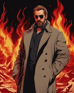 a young man with big muscles who looks like hans gruber wearing a heavy coat and red sunglasses staring with an irritated look on his face standing in front of a large fire