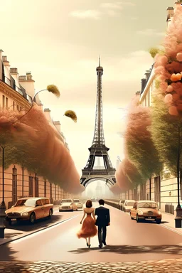 generate Paris skyline florist door women irrigate flowers street with a man and son car rose gold color eiffel tower Vintage landscape romantic couple crossing the street