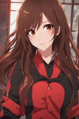 (masterpiece), (anime style), award winning, centered, looking toward camera, long brown hair, confident young woman, red eyes, modern setting, dynamic lighting, dynamic composition, ultra detailed, (epic composition, epic proportion), professional work, wearing casual black and red clothes