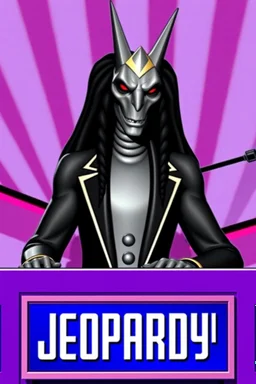 A sphinix host a top show jeopardy tv. Tv set with people. Presidents an celebrities participate in the jeopardy.