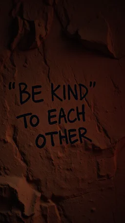 A hand writing On cave wall written “BE KIND “ “ TO EACH OTHER “ , an old man with bear and king hair wrote by the cave wall , a dim lighting great quality picture with primitive style